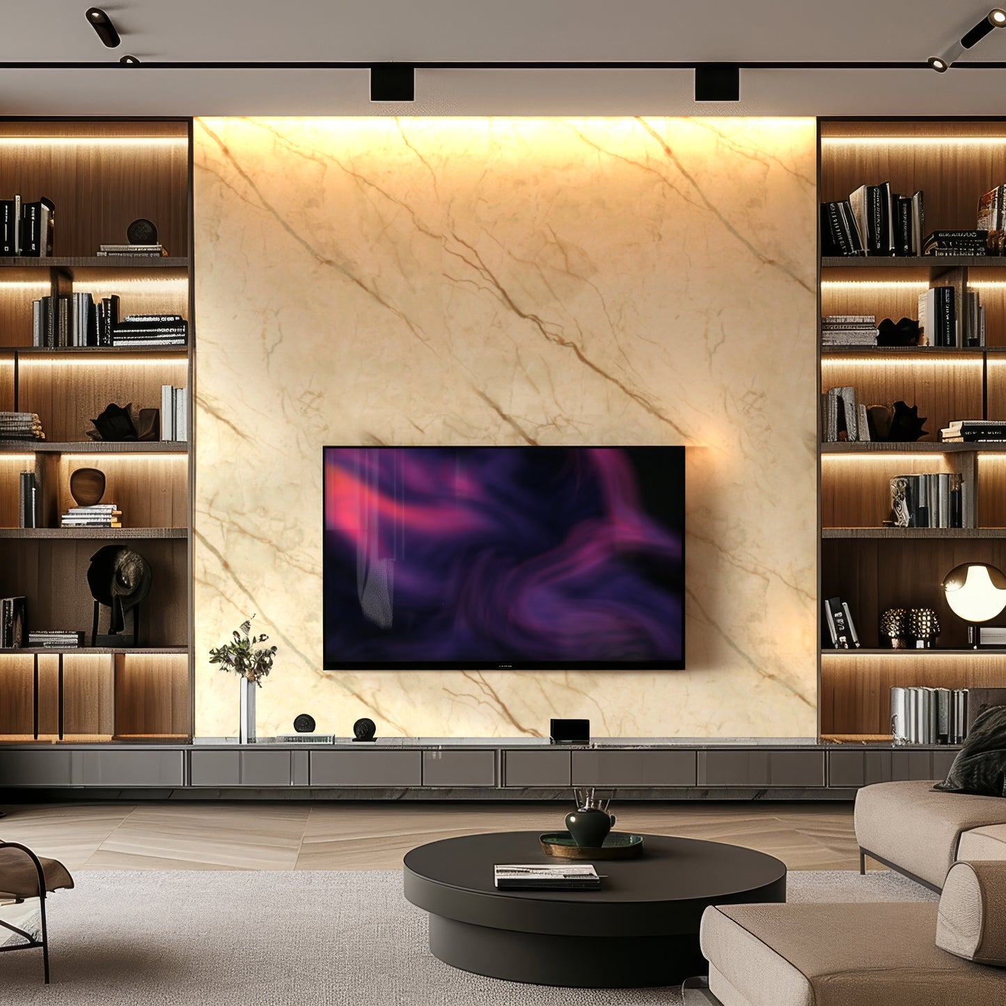 White and Light Grey Marble and Golden Edge Durable PVC Wall