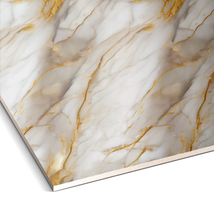 Close-up of Landmark Decor's Golden Sandstone Marble Durable PVC Wall slab, featuring a white marble pattern with gold and beige veining—ideal for modern decorative wall panels.