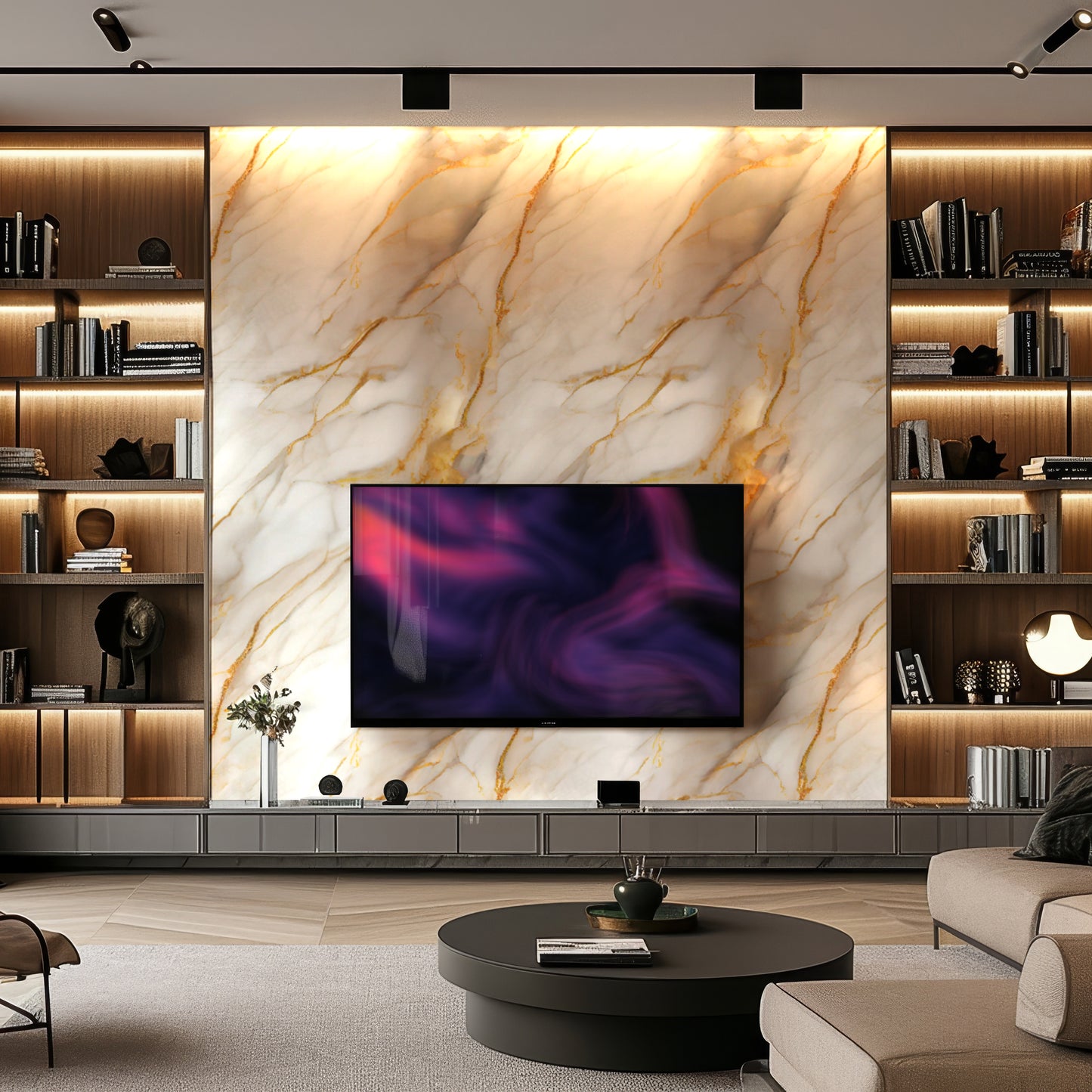 Modern living room with a wall-mounted TV on Landmark Decor’s Golden Sandstone Marble Durable PVC Wall, featuring decorative panels, built-in shelves, accent lighting, and contemporary furnishings.