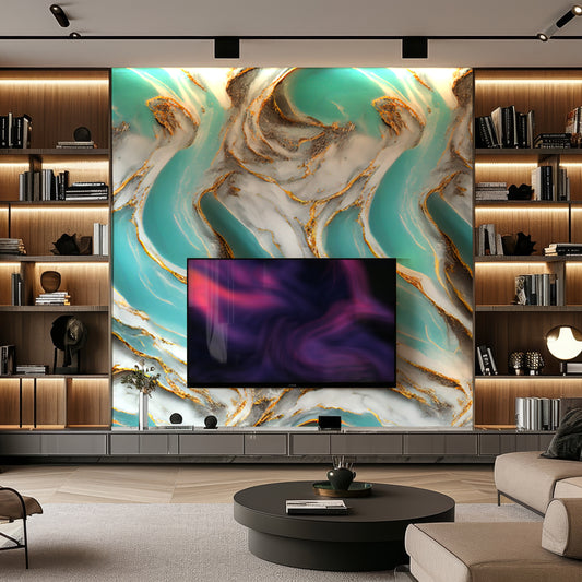 The living room features a large TV on an eye-catching wall of Landmark Decors Aqua Coral Marble Durable PVC Wall, showcasing a turquoise and gold abstract design. Shelves filled with books and decor add to the luxurious look without breaking the bank.