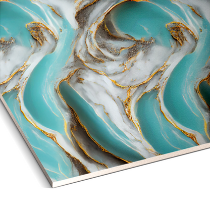 Close-up of Landmark Decor's Aqua Coral Marble Durable PVC Wall panels, showcasing abstract swirling turquoise, white, and gold patterns with a striking marble effect.