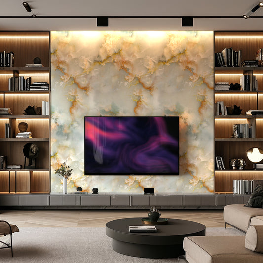A modern living room features a large TV on a wall adorned with Landmark Decors Arctic Noir Marble Durable PVC Wall, offering resilient solutions with luxurious aesthetics. Wooden shelves filled with books and decor surround it, while a round coffee table sits at the center.