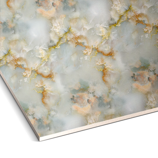 Close-up of Landmark Decor's Peach Quartz Marble Durable PVC Wall, showcasing a cloudy marble design with white, gray, beige, and gold veins—perfect for decorative panels or marble-look wall installations.