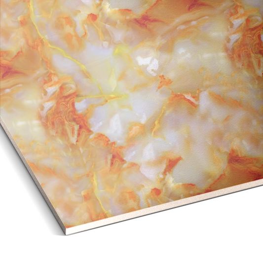 Close-up of Landmark Decor’s Silver Frost Marble Durable PVC Wall panel, a flat rectangle with a marbled orange, yellow, and white pattern—perfect as modern decorative wall panels.