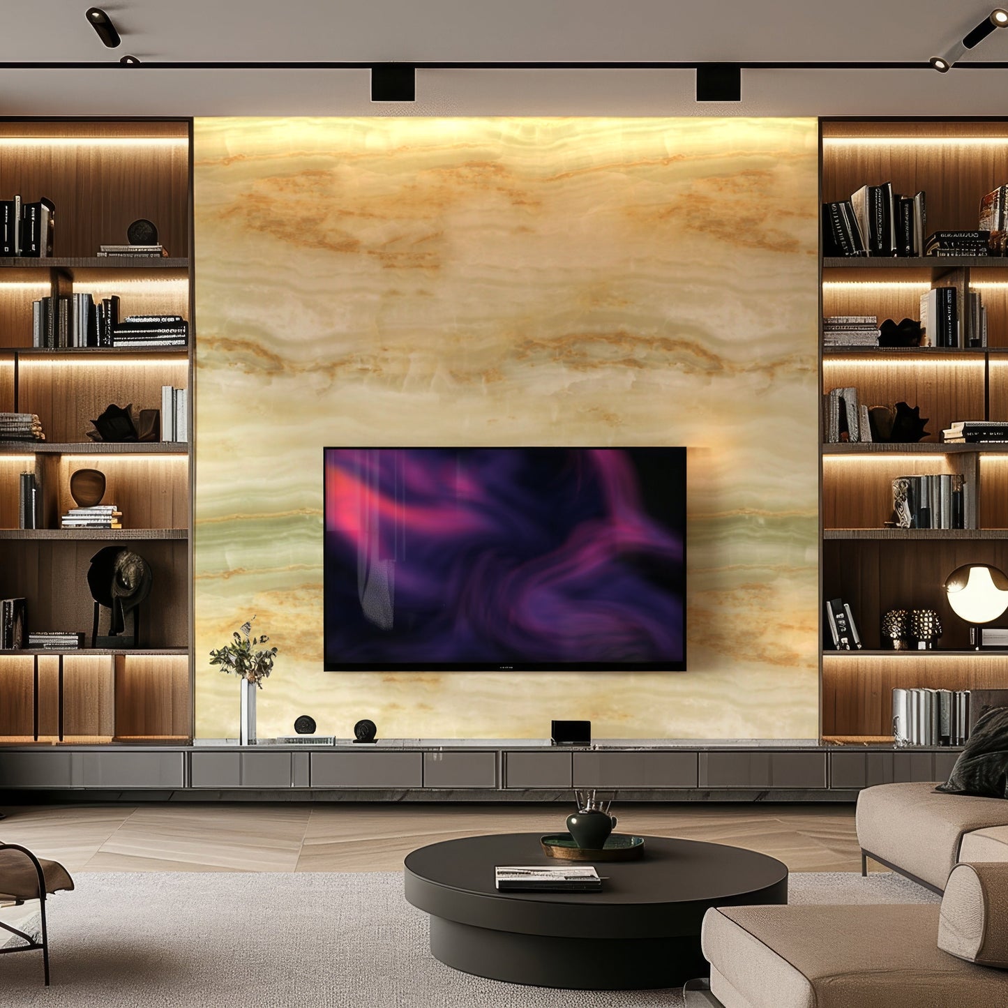 Modern living room featuring Landmark Decor's Opal Forest Marble Durable PVC Wall with decorative panels, built-in shelves, a mounted TV, round coffee table, and neutral-toned furniture—showcasing sophisticated interior design.