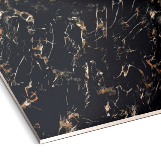 Close-up of the Landmark Decor Solar Eclipse Marble Durable PVC Wall, a flat rectangular panel with a dark marble-like surface and white and brown veins—perfect for decorative wall paneling.