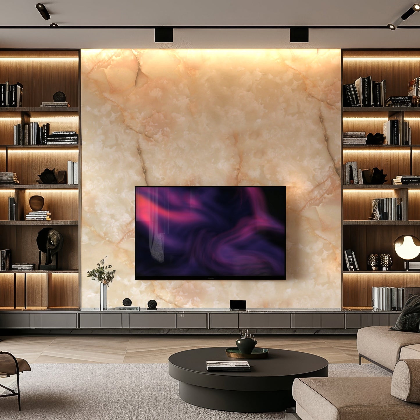Modern living room featuring a large TV mounted on Landmark Decor's Bronze Pearl Marble Durable PVC Wall, accented by wooden shelves displaying decor pieces and books.