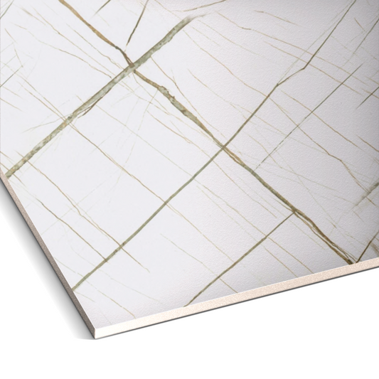 Close-up of the Imperial Glaze Marble Durable PVC Wall by Landmark Decor—white marble finish with greenish and beige veins, viewed at an angle; perfect for column cladding or decorative panels.