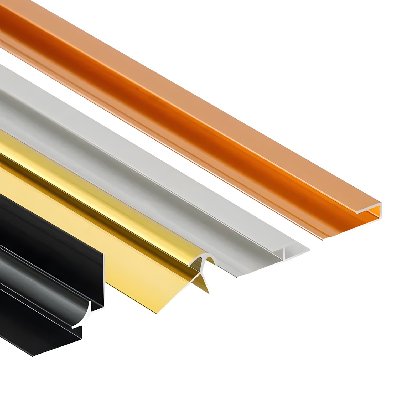 Five Landmark Decor PVC Wall Inner Corner Strips in black, gold, silver, white, and copper are arranged on a white background—ideal for finishing panel edges and enhancing stylish wall panel installations.