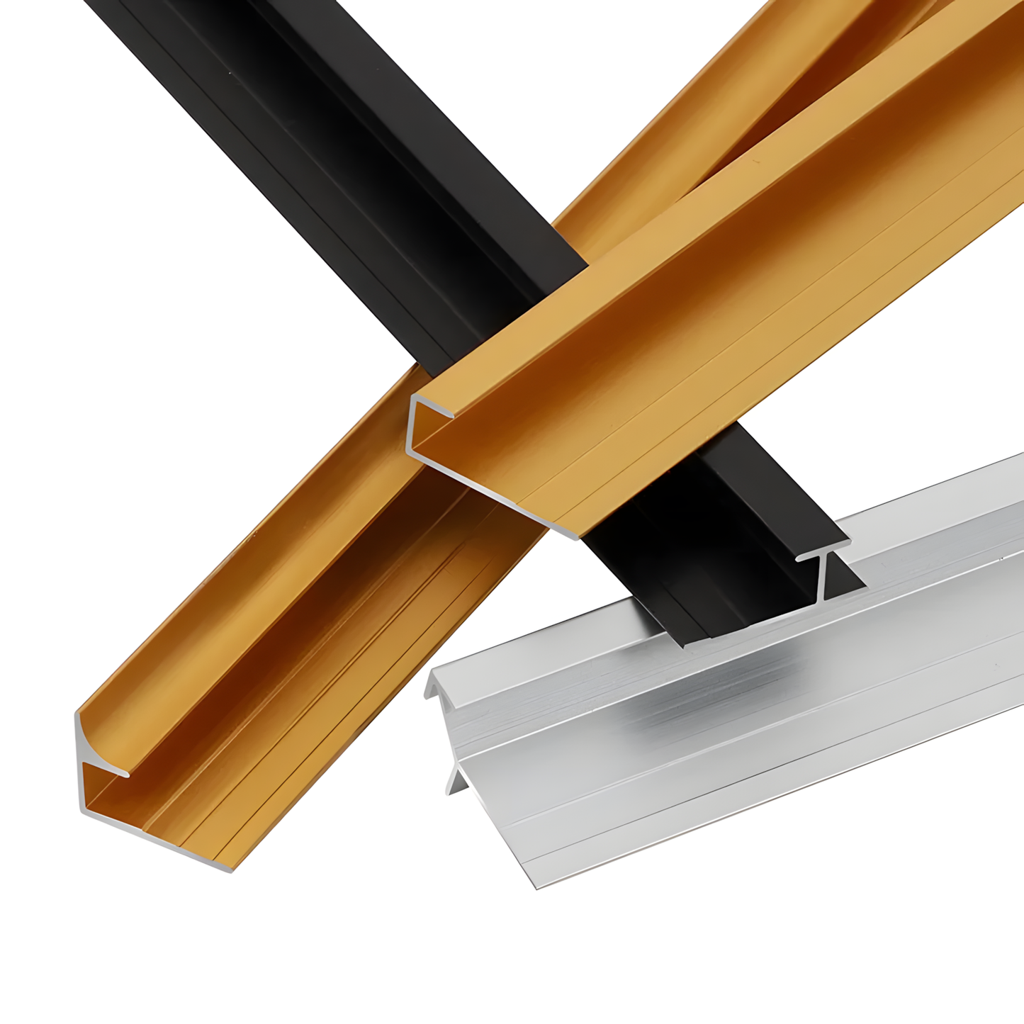 Landmark Decor’s PVC Wall Inner Corner Strip, shown in black, gold, and silver profiles overlapping on white, is ideal for panel edges—perfect for wall panel installations or matching with other PVC wall accessories.