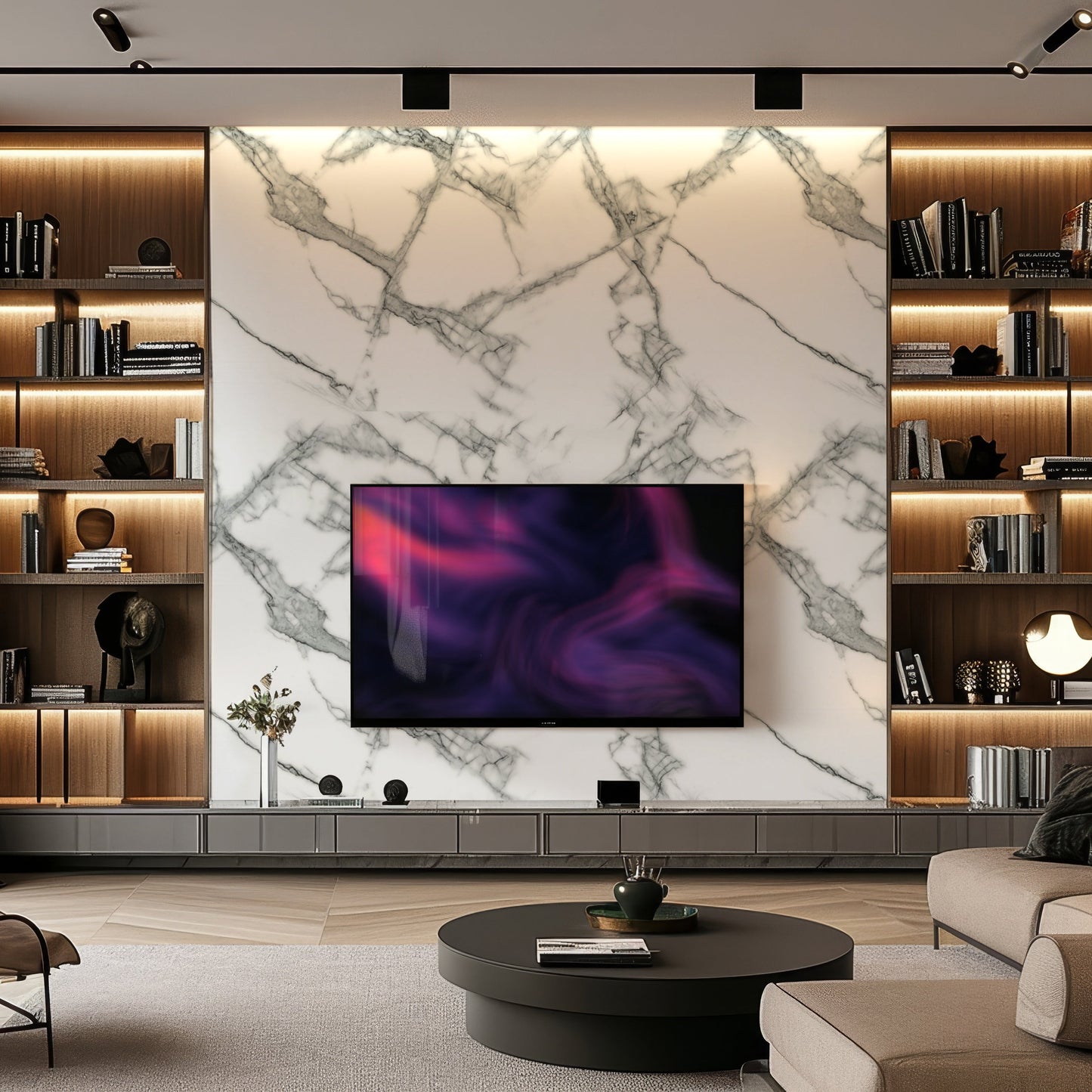 Modern living room with a wall-mounted TV on a Landmark Decor Silver Frost Marble Durable PVC Wall panel, flanked by built-in shelves displaying decor and illuminated by warm ambient lighting.