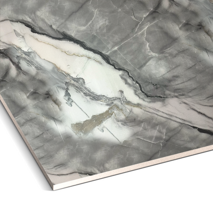 A close-up of the Landmark Decor Obsidian Vein Marble Durable PVC Wall shows its gray marble look with white and dark veins, perfect for decorative panels or wall panels, displayed at an angle on a white background.