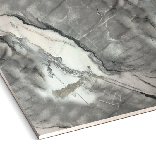 A close-up of the Landmark Decor Obsidian Vein Marble Durable PVC Wall shows its gray marble look with white and dark veins, perfect for decorative panels or wall panels, displayed at an angle on a white background.