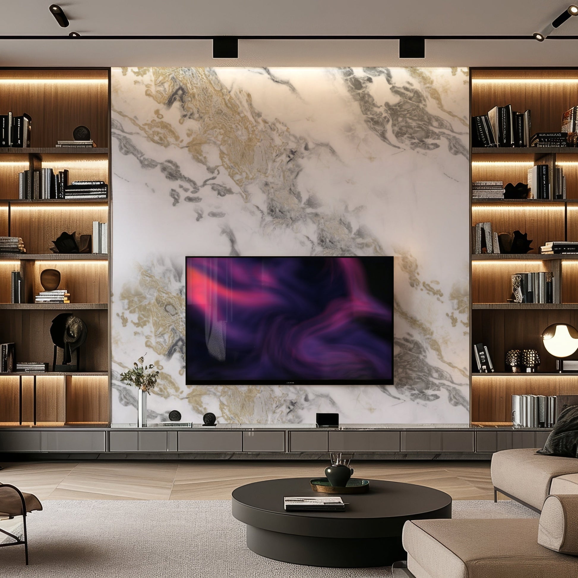 Modern living room featuring Landmark Decor's Golden Elegance Marble Durable PVC Wall panels as a large accent wall, built-in shelves, flat-screen TV above a low cabinet, with contemporary decor and ambient lighting throughout.