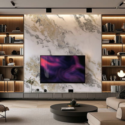 Modern living room featuring Landmark Decor's Golden Elegance Marble Durable PVC Wall panels as a large accent wall, built-in shelves, flat-screen TV above a low cabinet, with contemporary decor and ambient lighting throughout.