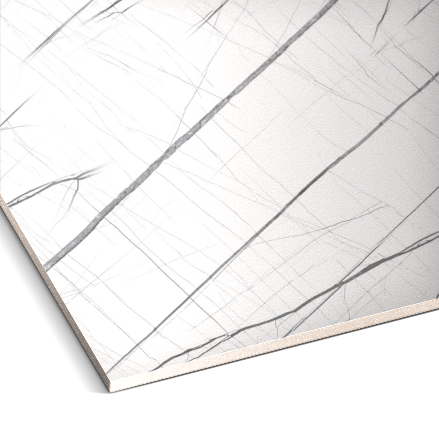 Close-up of Landmark Decor’s Pure Contrast Marble Durable PVC Wall, featuring a thin rectangular white surface with fine black and gray intersecting lines—perfect as decorative or marble wall panels in modern spaces.