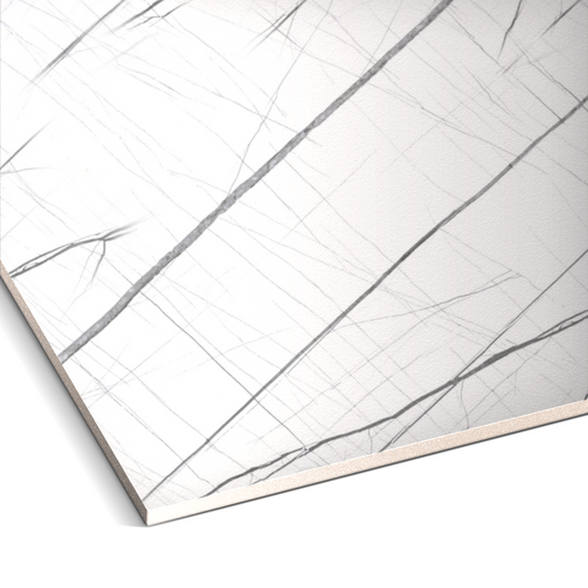 Close-up of Landmark Decor’s Pure Contrast Marble Durable PVC Wall, featuring a thin rectangular white surface with fine black and gray intersecting lines—perfect as decorative or marble wall panels in modern spaces.