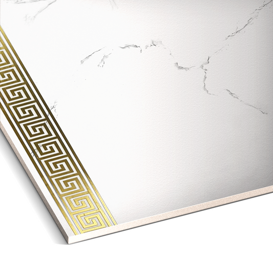 The Landmark Decor Golden Edge Marble Durable PVC Wall features a white marble design with gray veining and a gold Greek key border—perfect for elegant wall accents or as decorative wall cladding panels.