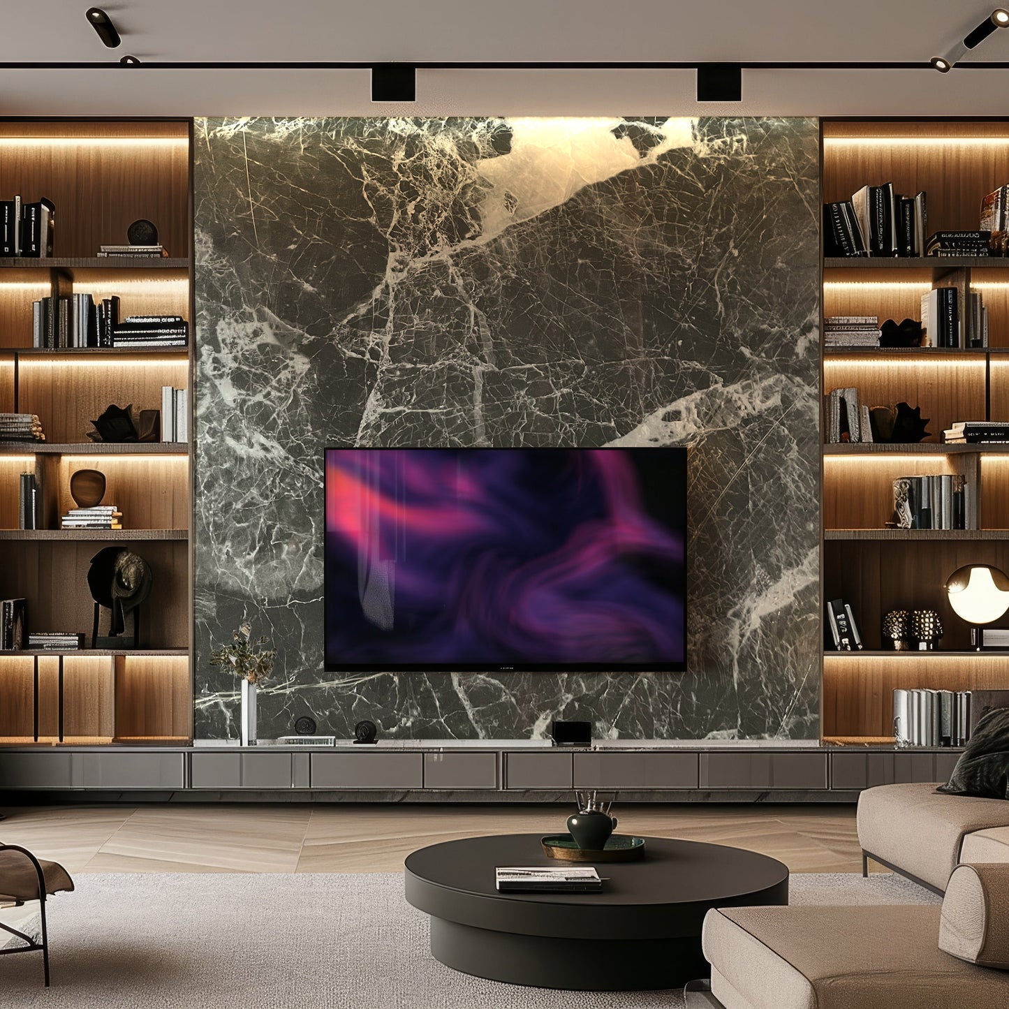 Modern living room featuring built-in wood shelves, a flat-screen TV on Landmark Decor’s Shadow Mist Marble Durable PVC Wall, a round coffee table, and sofa—elevated by sleek panels for a stylish touch.