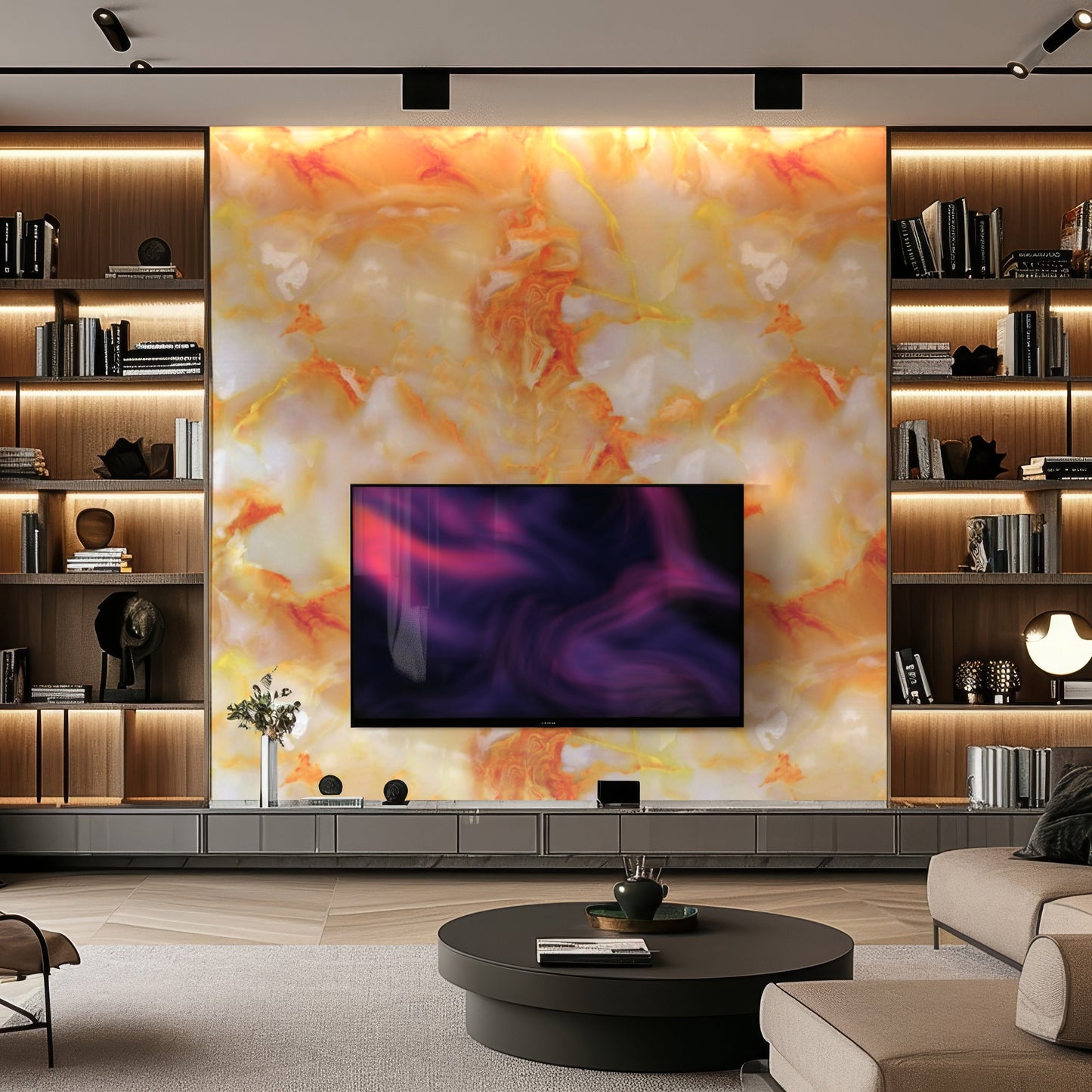 Modern living room with a large feature wall created using Landmark Decor's Silver Frost Marble Durable PVC Wall panels, built-in shelving, a mounted flat-screen TV, and contemporary decor elements.