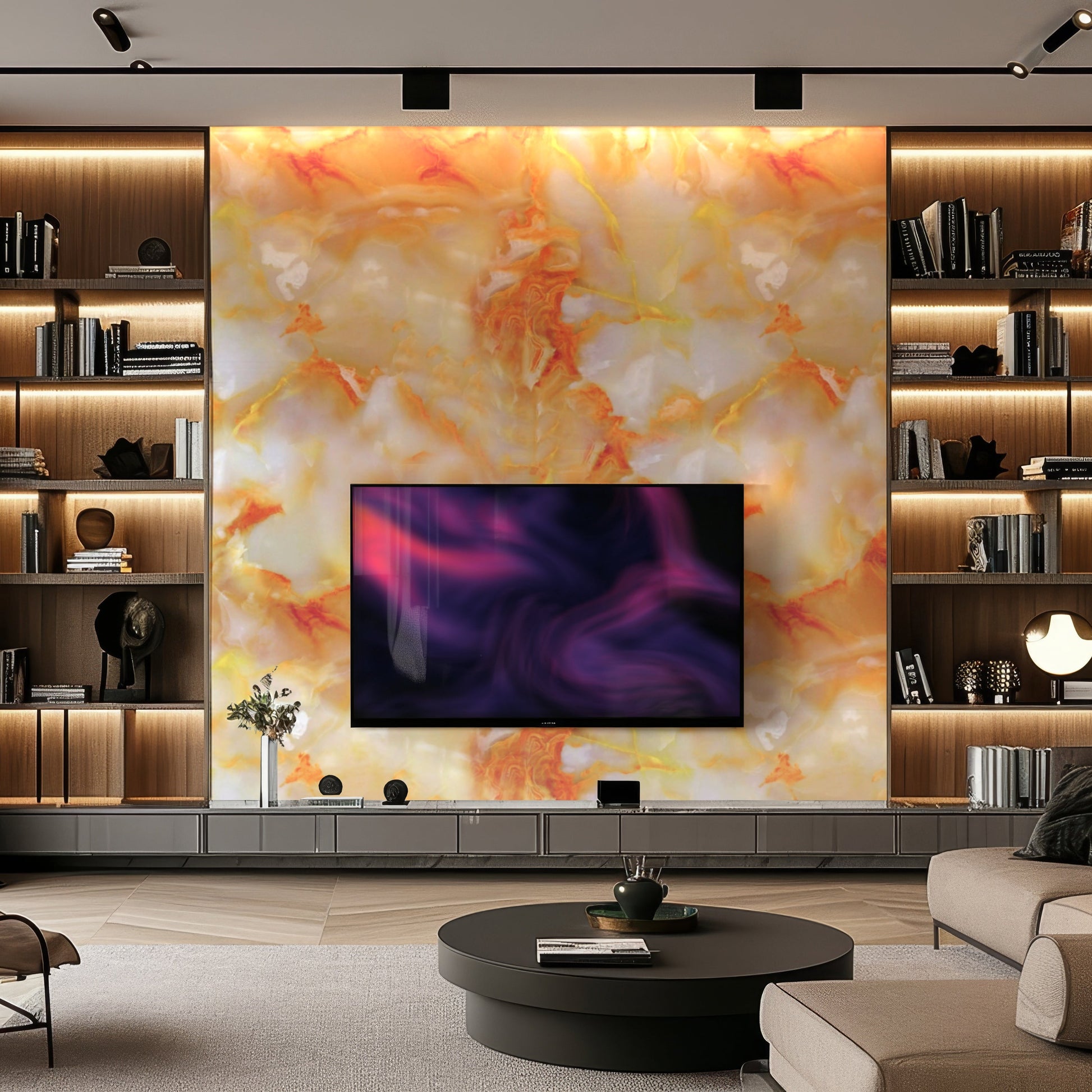 Modern living room with a large feature wall created using Landmark Decor's Silver Frost Marble Durable PVC Wall panels, built-in shelving, a mounted flat-screen TV, and contemporary decor elements.