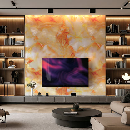 Modern living room with a large feature wall created using Landmark Decor's Silver Frost Marble Durable PVC Wall panels, built-in shelving, a mounted flat-screen TV, and contemporary decor elements.