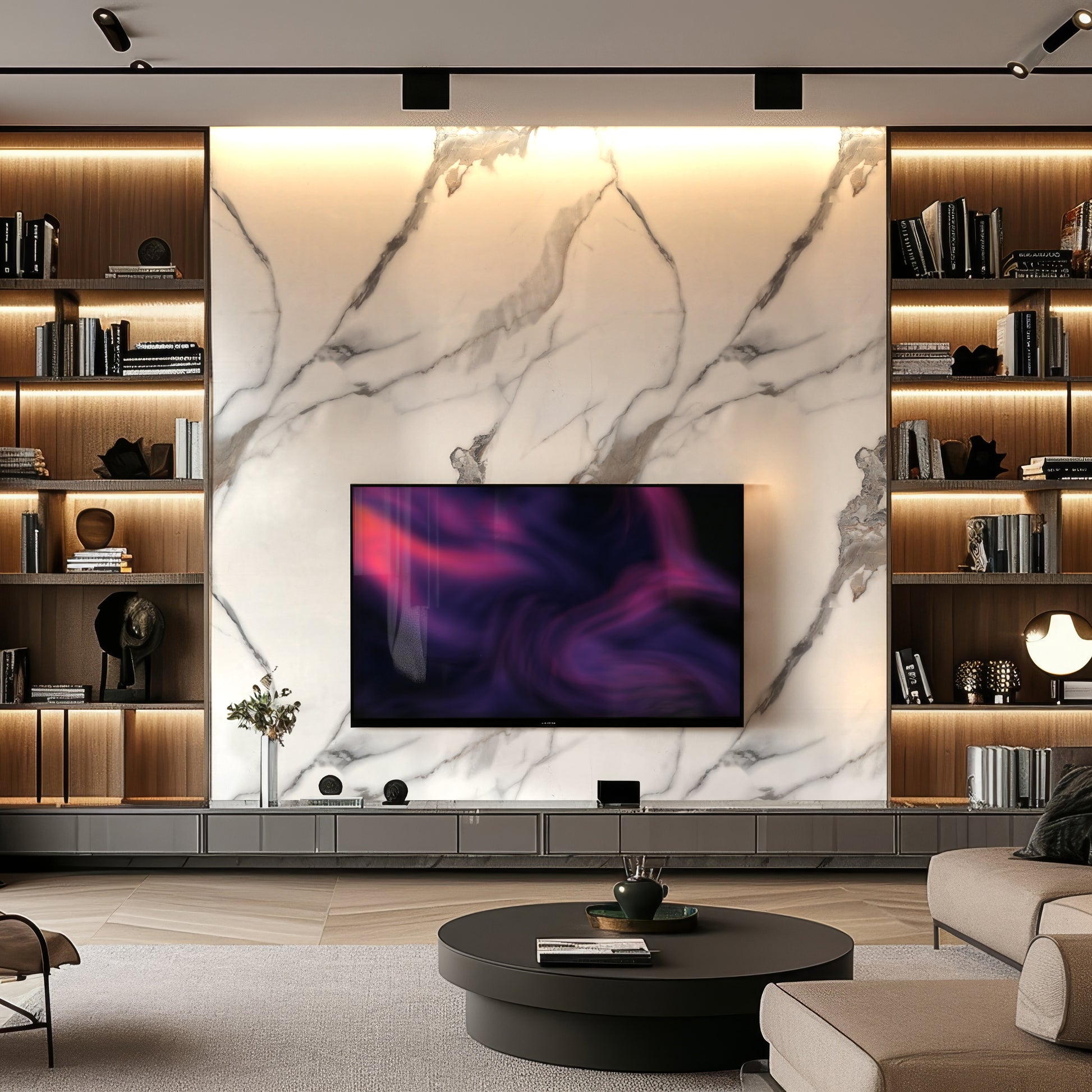 A modern living room with a Calacatta Mist Marble Durable PVC Wall by Landmark Decor, built-in shelves with books and decor, a large flat-screen TV, and a round coffee table.