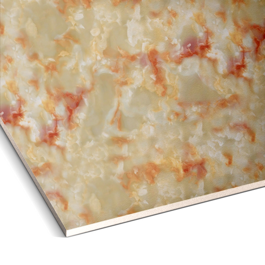 A close-up of the Landmark Decor Aurora Copper Marble Durable PVC Wall panel, featuring a rectangular shape and marbled cream-orange pattern, displayed at an angle against a white background.