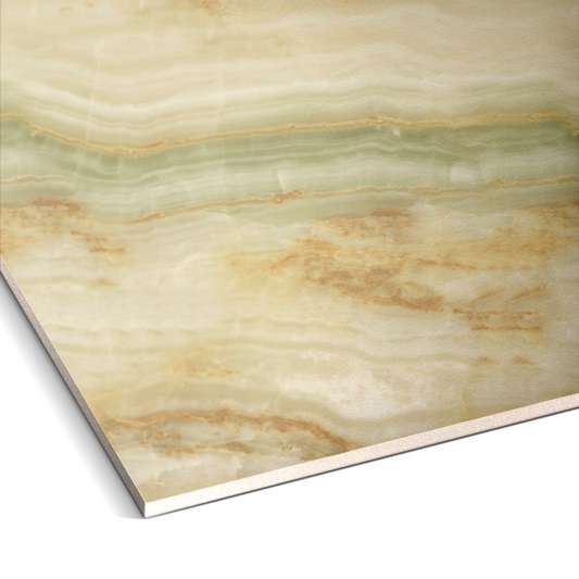 Close-up of Landmark Decor’s Opal Forest Marble Durable PVC Wall: a rectangular slab with beige, brown, and green wavy marble-like patterns and a slim light edge—ideal for modern interior decorative panels.