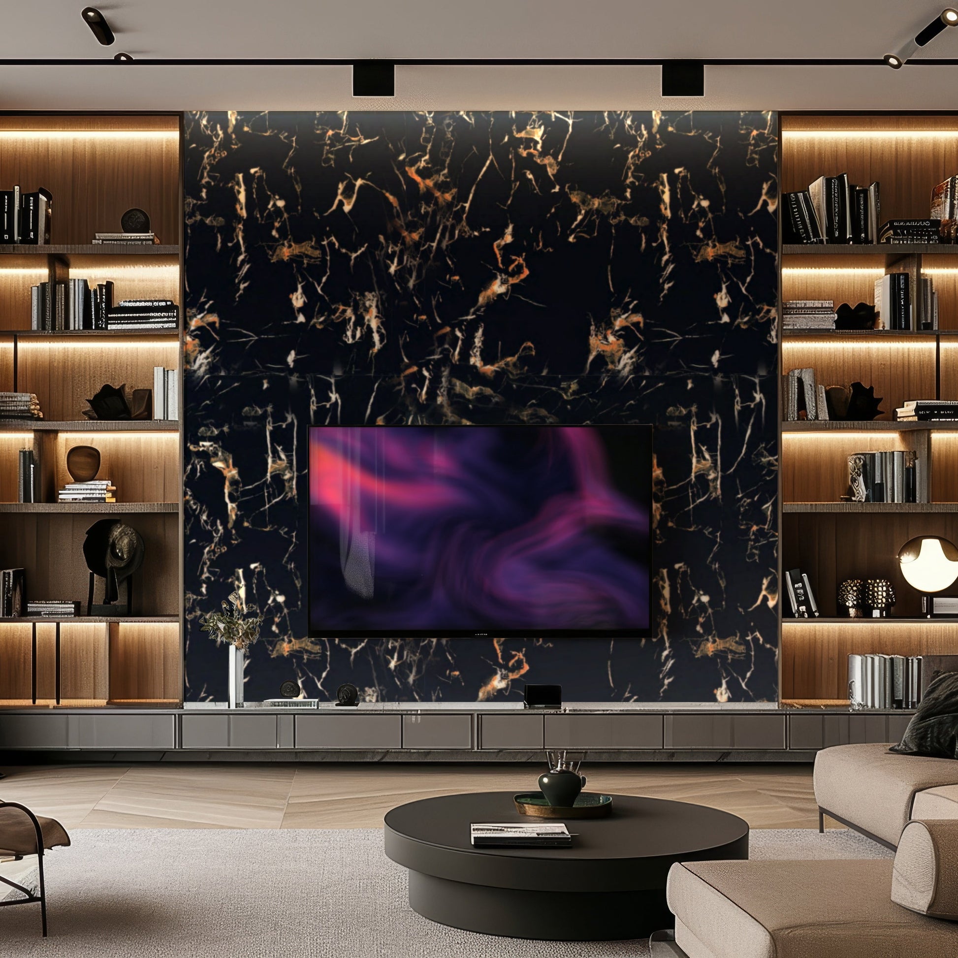 Modern living room featuring a large black marble accent wall made with Landmark Decor's Solar Eclipse Marble Durable PVC Wall panels, wall-mounted TV, built-in wooden shelves with decor, and recessed lighting.