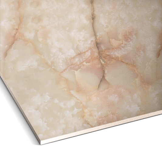 Close-up of Landmark Decor’s Bronze Pearl Marble Durable PVC Wall panel featuring a beige and cream marble-like texture with subtle veining, ideal for decorative panels or column cladding.