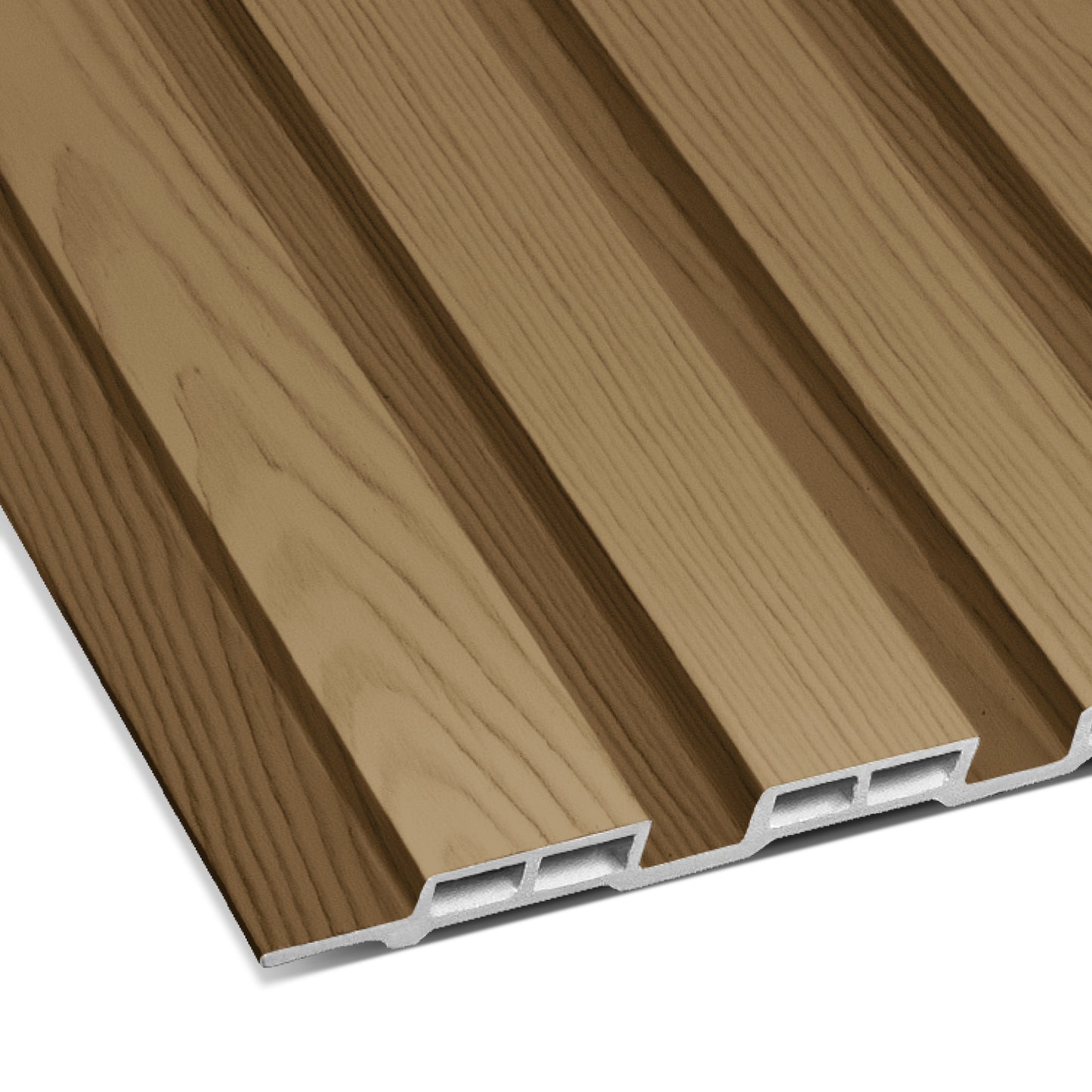Close-up of Landmark Decor's Warm Oak Thin Interior WPC Wall Panel, featuring a rectangular shape, brown wood texture, parallel grooves, and a hollow underside.