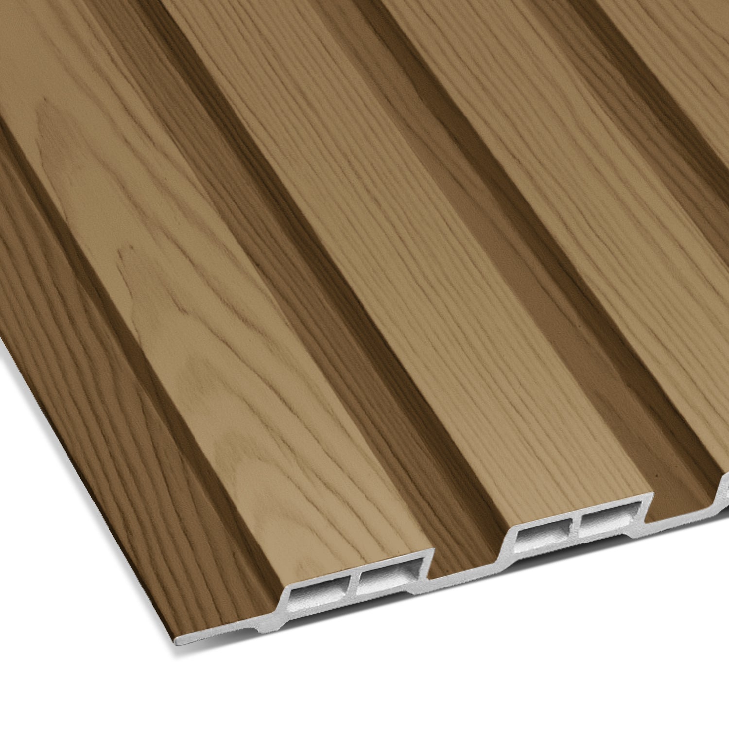 Close-up of Landmark Decor's Warm Oak Thin Interior WPC Wall Panel, featuring a rectangular shape, brown wood texture, parallel grooves, and a hollow underside.