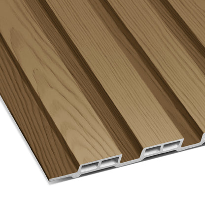Close-up of Landmark Decor's Warm Oak Thin Interior WPC Wall Panel, featuring a rectangular shape, brown wood texture, parallel grooves, and a hollow underside.