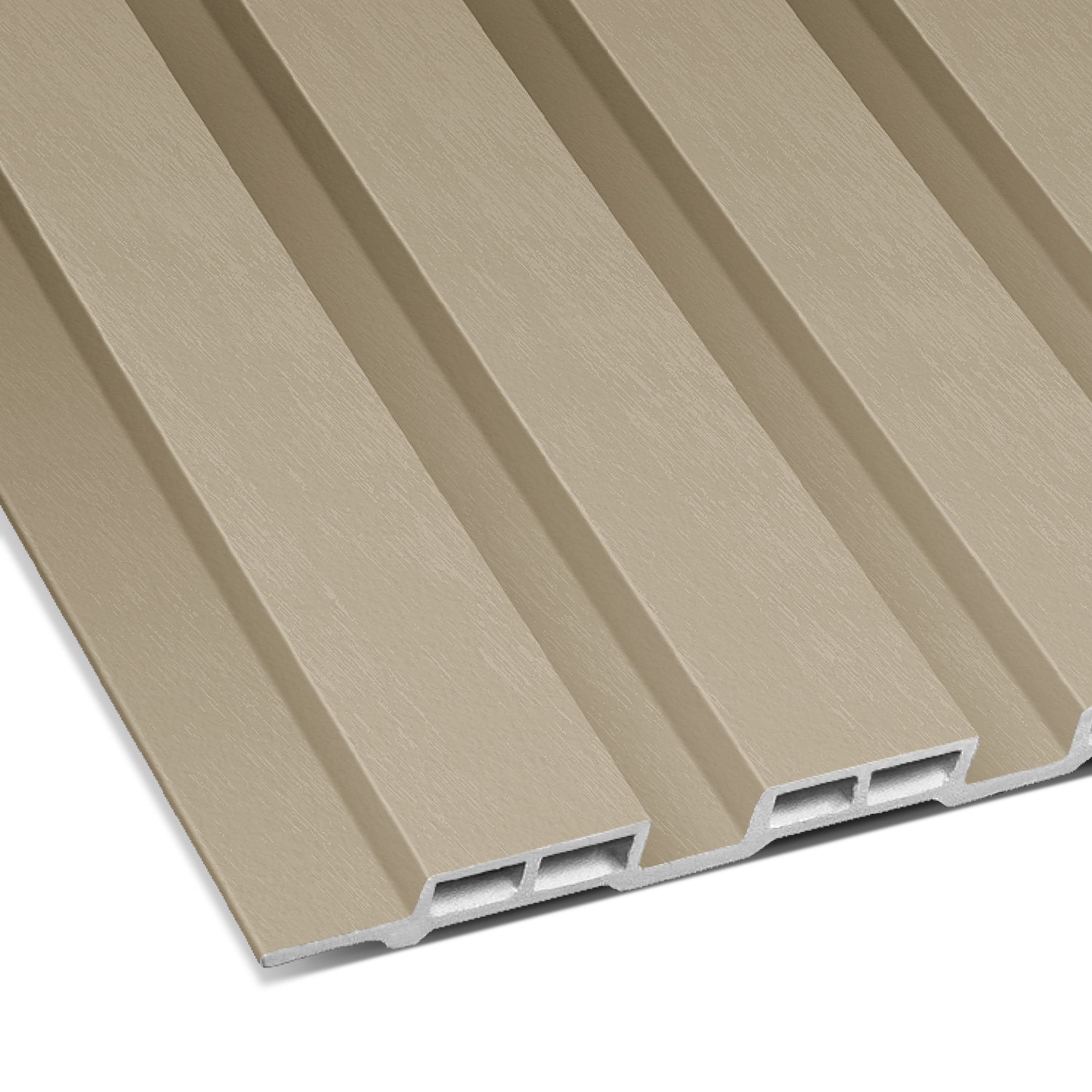 Landmark Decor’s Warm Greige Thin Interior WPC Wall Panels feature a grooved pattern and brushed finish, displayed from an angled view.