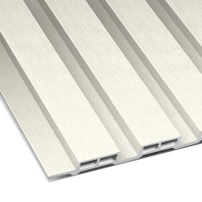 Close-up of Landmark Decor Alabaster White Thin Interior WPC Wall Panels showing interlocking, rectangular, light-colored panels with a textured surface and hollow channels.