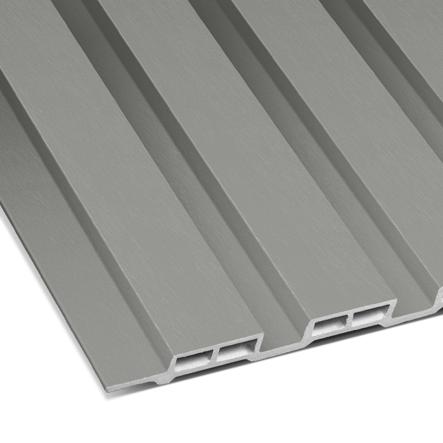 Close-up of Landmark Decor's Slate Grey Thin Interior WPC Wall Panel, showing its grooved, ribbed silver surface and hollow channels beneath.