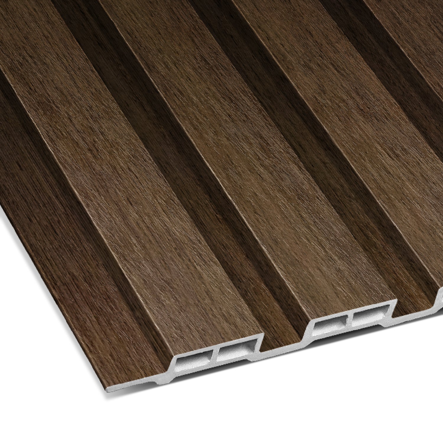 Close-up of Landmark Decor Espresso Walnut Thin Interior WPC Wall Panel featuring a brown wood texture, parallel grooves, and a hollow core structure against a white background.