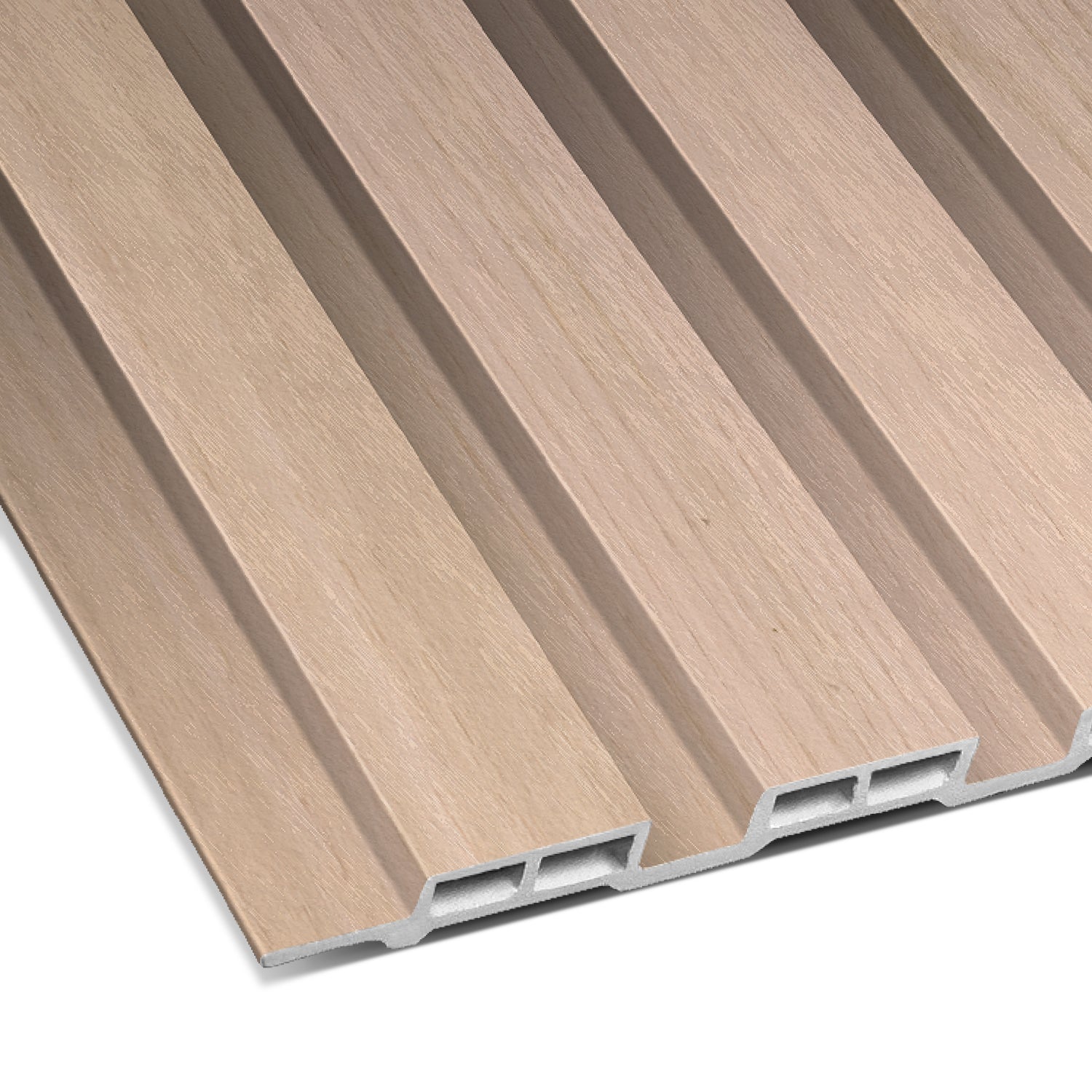 A close-up of Landmark Decor’s Bleached Oak Thin Interior WPC Wall Panel shows its beige hue, parallel ridges, and hollow underside.