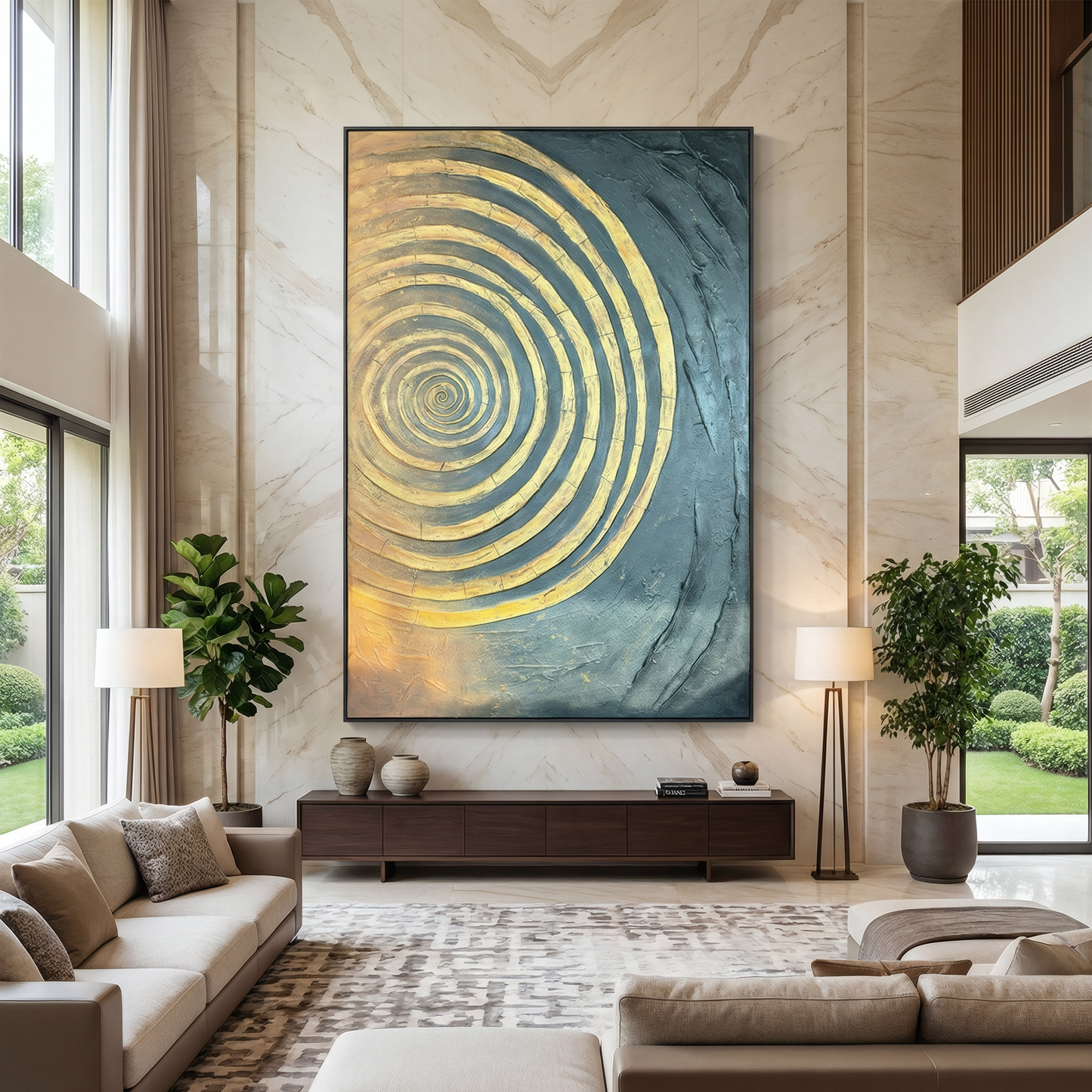 A modern living room with tall ceilings, neutral sofas, houseplants, and Landmark Decor’s Horizon Wall Art—golden concentric circles as abstract artwork—above a wooden console, perfect for stylish interiors.