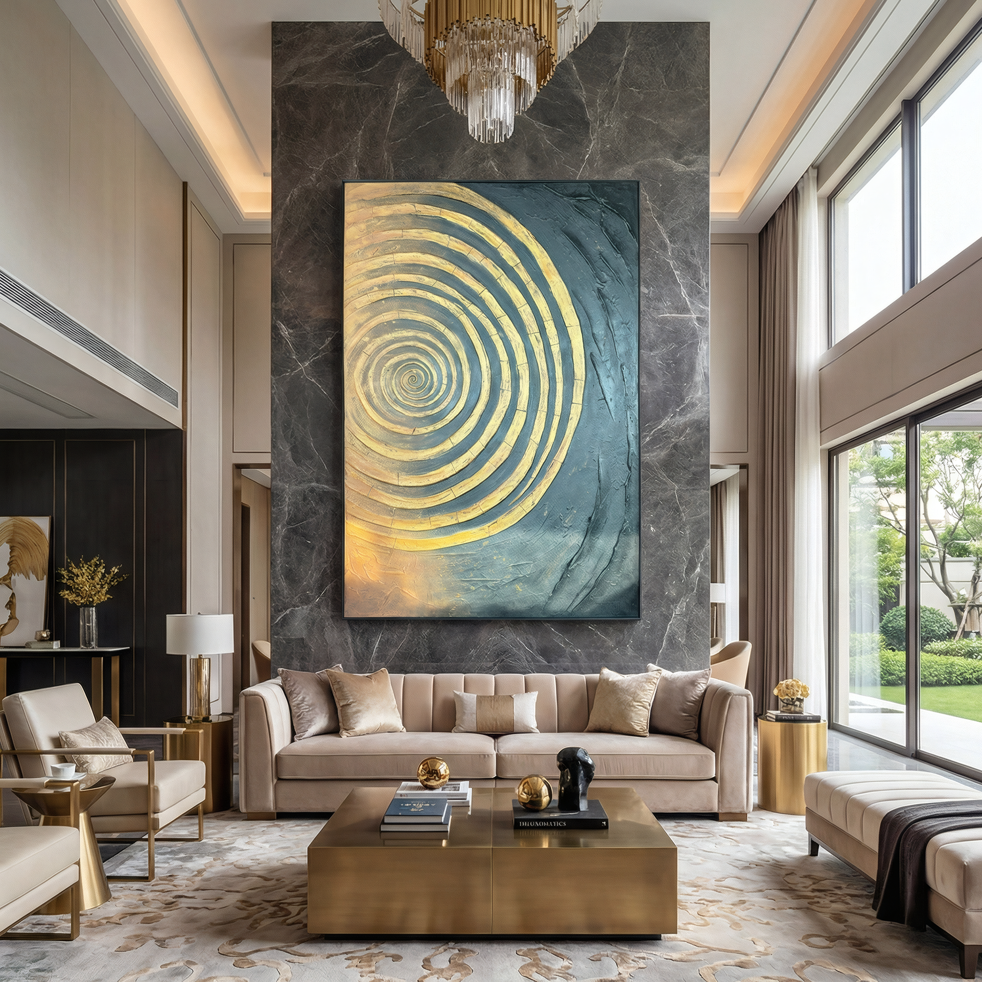 Modern living room with beige sofas, gold and glass accents, Landmark Decor's Horizon Wall Art as a statement on a stone panel, and tall windows overlooking greenery—perfect for modern decor enthusiasts.