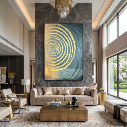 Modern living room with beige sofas, gold and glass accents, Landmark Decor's Horizon Wall Art as a statement on a stone panel, and tall windows overlooking greenery—perfect for modern decor enthusiasts.