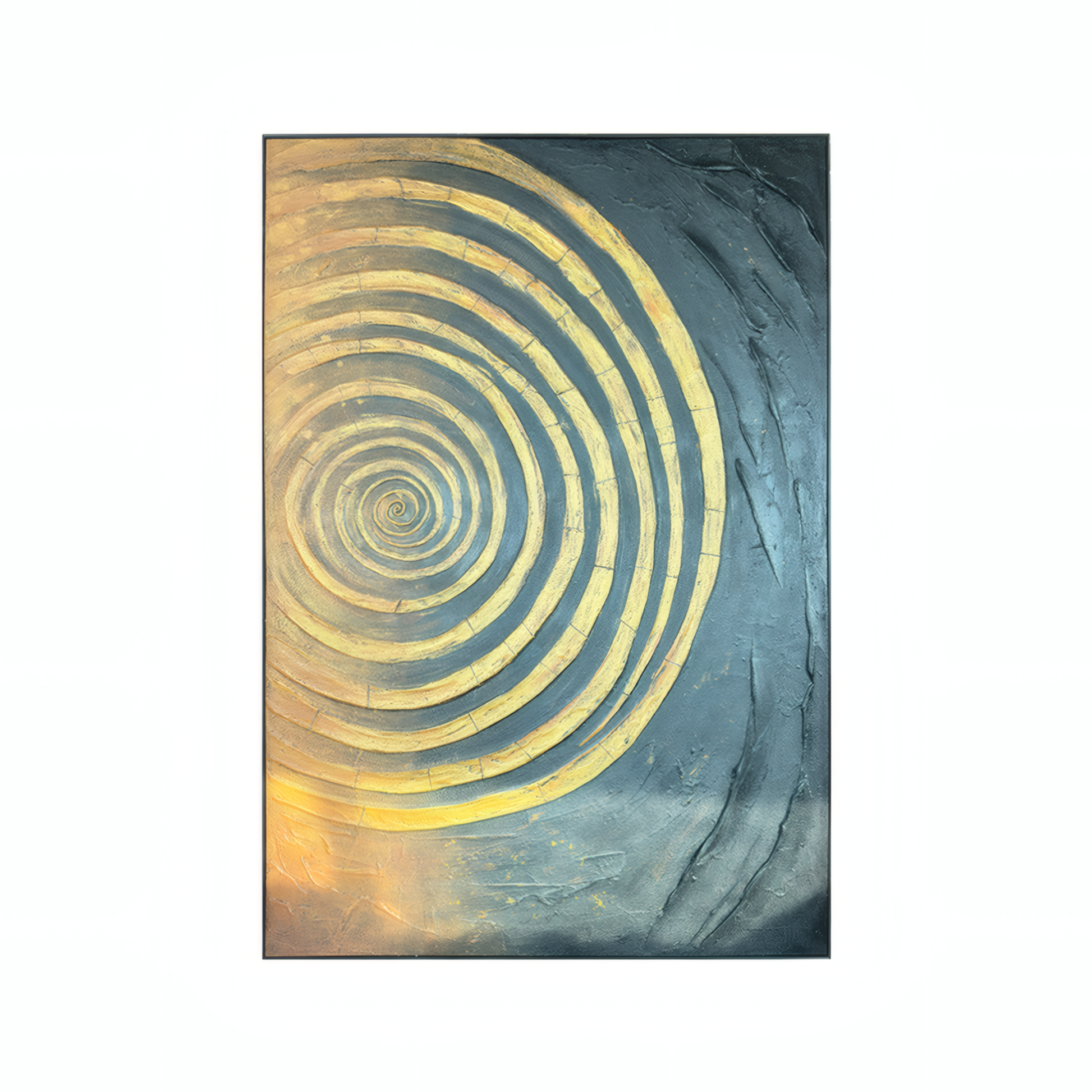 Horizon Wall Art by Landmark Decor features a yellow spiral on a dark gray background with a light gradient, making it an ideal decorative panel to enhance modern interiors.