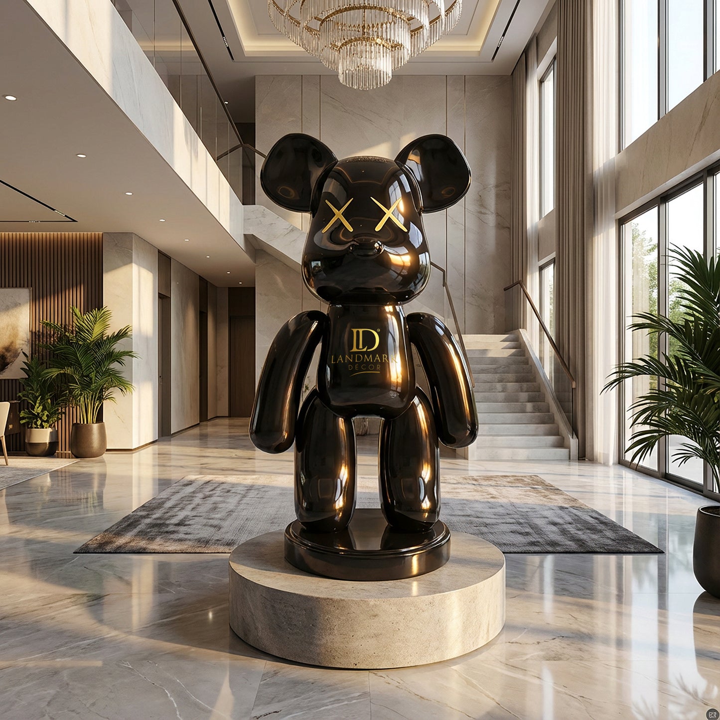 The Black Bear - Large by Landmark Decor is a glossy black bear statue with gold accents, displayed on a pedestal in a modern, marble-floored lobby with tall windows and potted plants—an artistic statement piece.