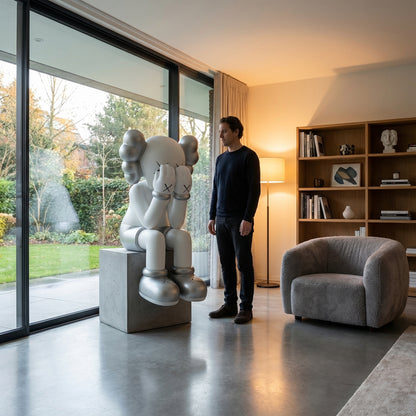 A man stands indoors by a window with Landmark Decor's Veiled Thoughts - Electroplated, a large artistic sculpture featuring cartoon-like hands covering its face, serving as unique home decor.