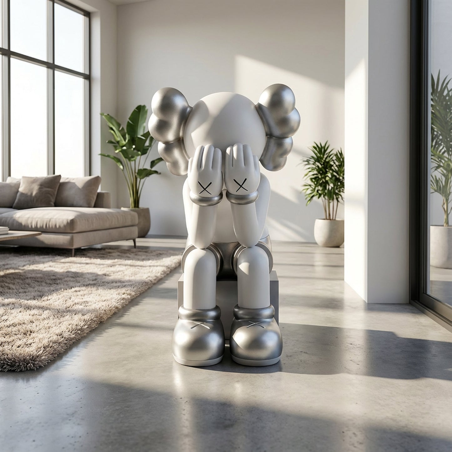 The Veiled Thoughts - Electroplated sculpture by Landmark Decor is a large, silver-and-white piece featuring a cartoon-like figure with head in hands, perfect as striking decor in modern, sunlit living rooms with large windows and plants.
