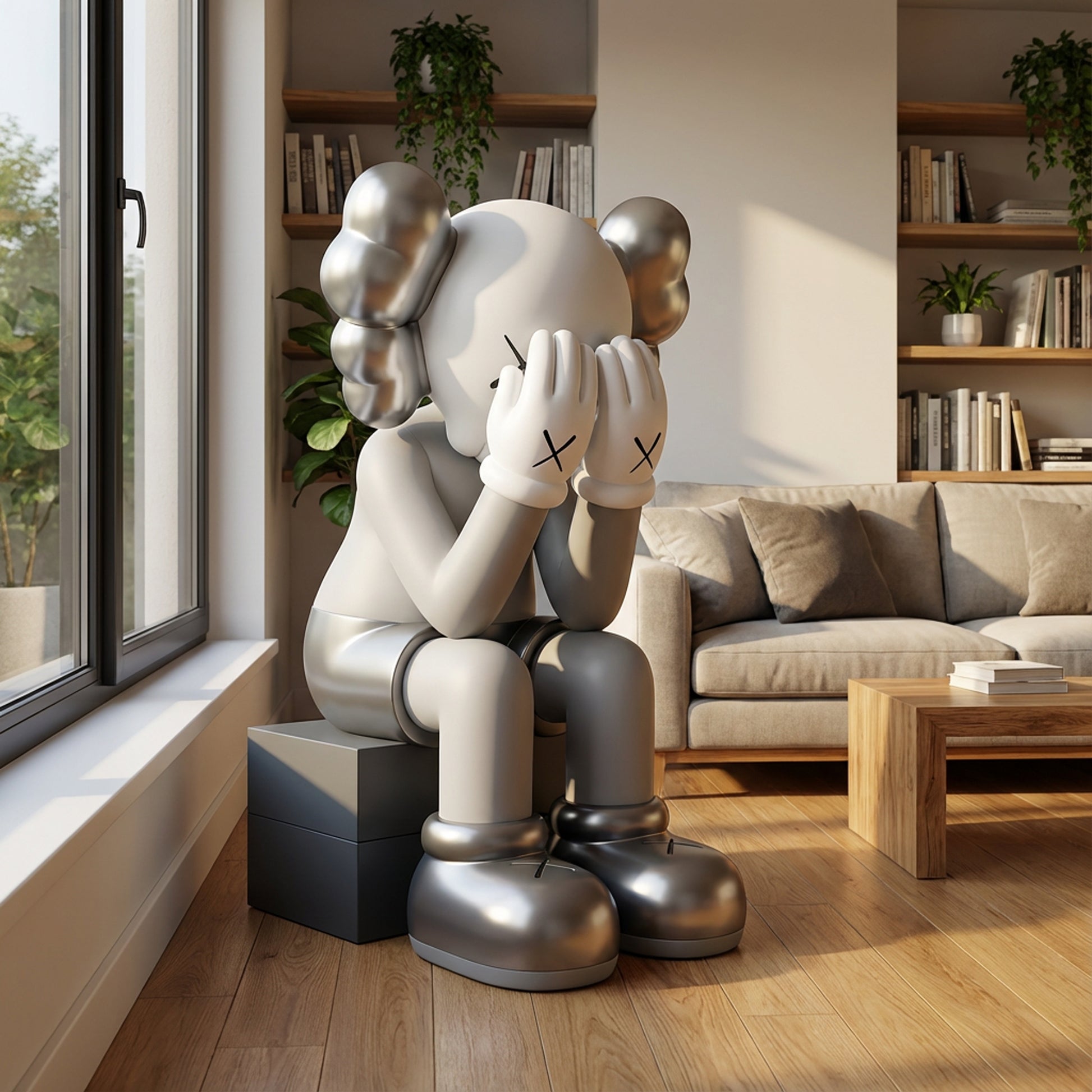 The Veiled Thoughts - Electroplated sculpture by Landmark Decor, featuring crossed-out eyes and a striking pose, adds bold modern flair to any living room near your sofa or bookshelves.