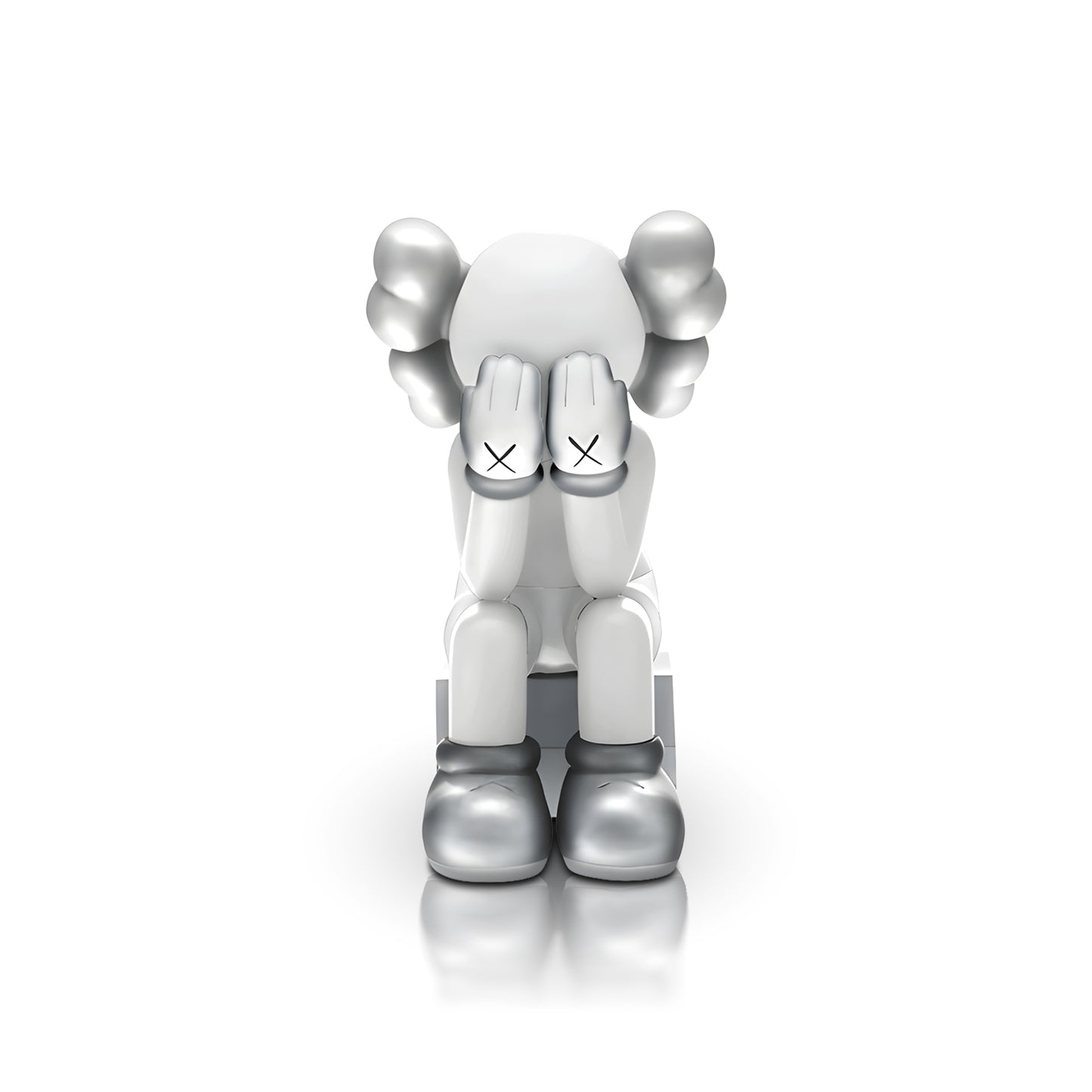 Veiled Thoughts - Electroplated by Landmark Decor features a gray and white cartoon figure with its head down, hands covering its face, and X marks on the hands—an artistic sculpture perfect for standout interior decor.