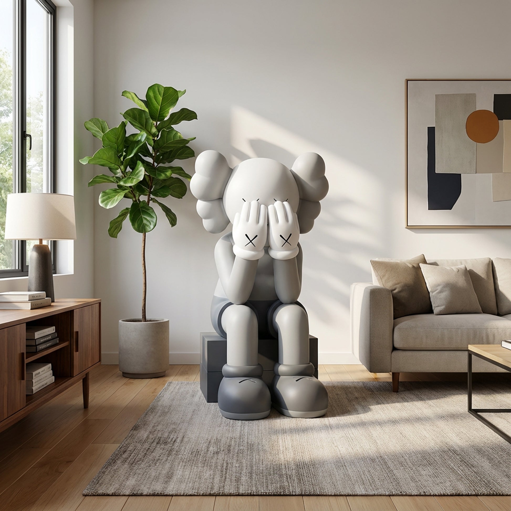 The “Veiled Thoughts” sculpture by Landmark Decor—a large gray cartoon piece covering its face—makes a striking statement in a modern living room among the sofa, artwork, plant, and natural light.
