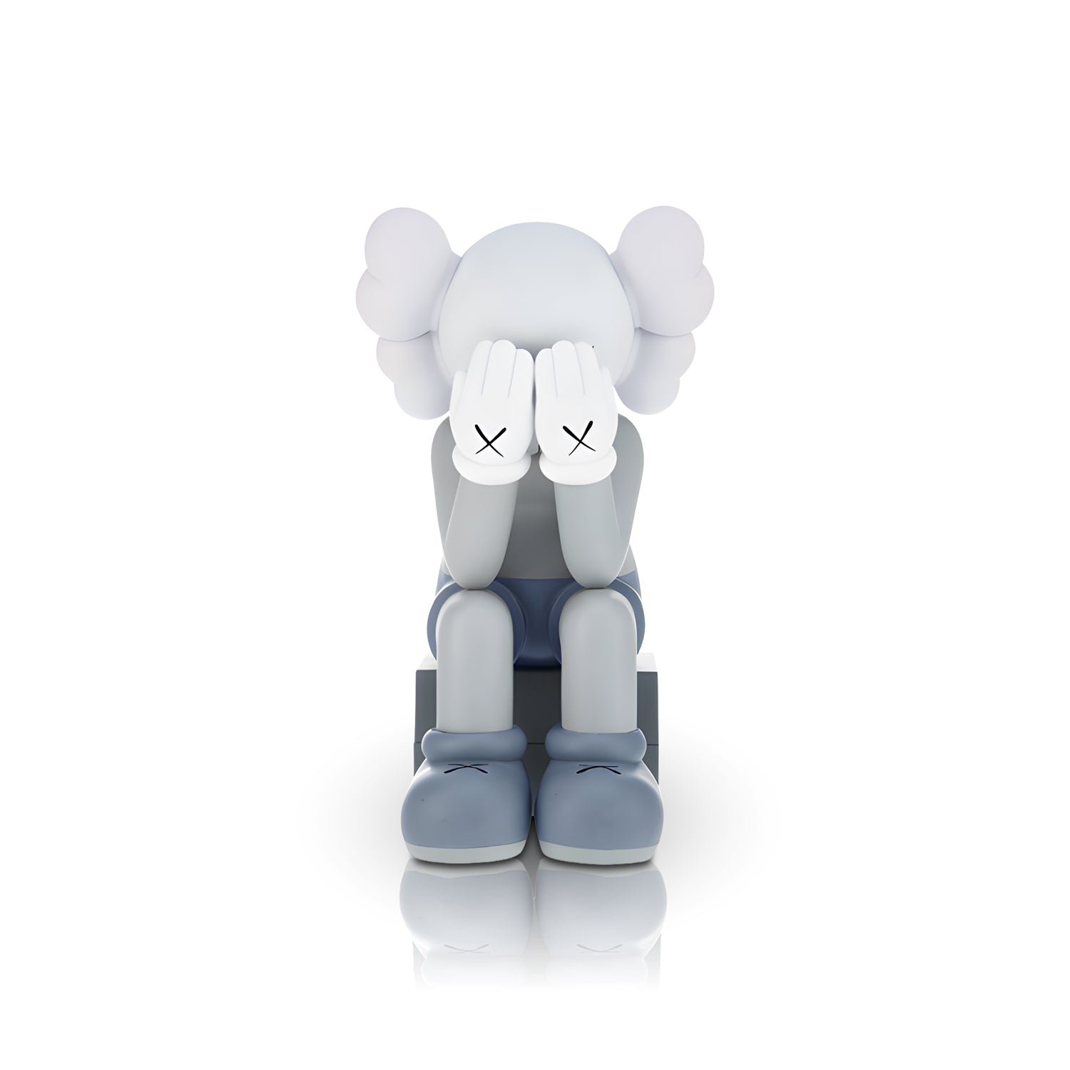 Veiled Thoughts by Landmark Decor features a gray cartoon-like figure with gloved hands and bold black X marks, making it a distinctive artistic sculpture or standout interior decor piece.